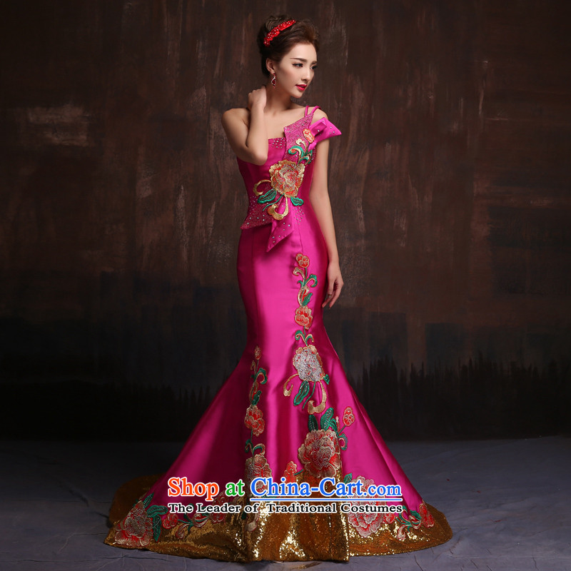 2015 Spring/Summer New Red single shoulder evening dresses retro bride crowsfoot bows to stage the moderator will China Red M Sin Sin Introduction , , , shopping on the Internet