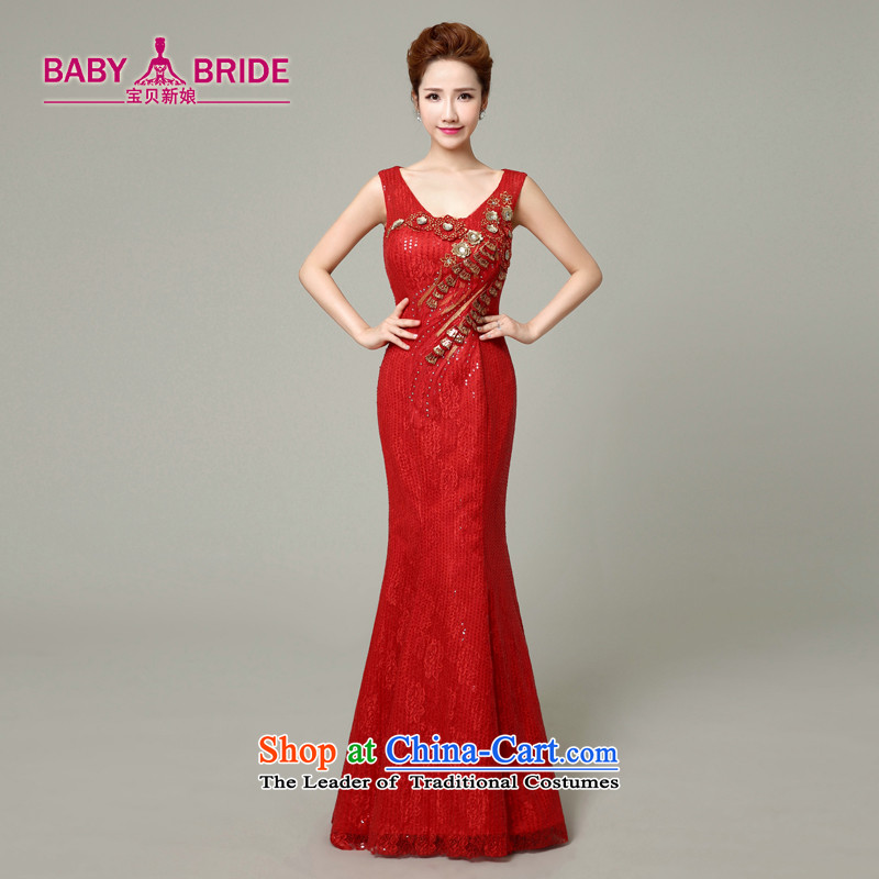 Stylish new 2015 Red Dress V-Neck bride bows Services Mr Ronald evening dresses long crowsfoot video thin red L