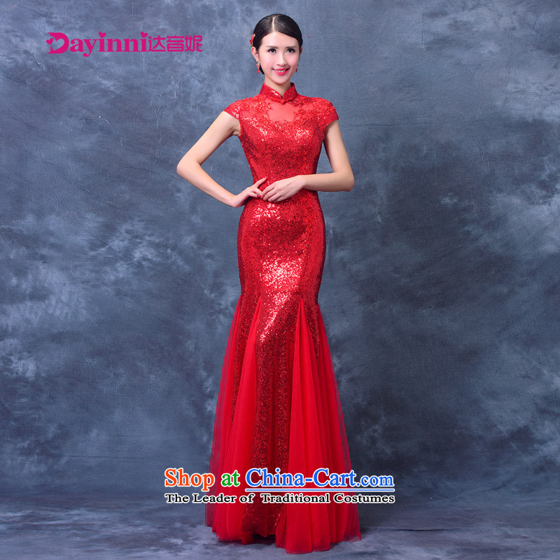 New evening dress autumn 2015 Korean brides bows serving long tail of Sau San Red Dress summer qipao marriage red S