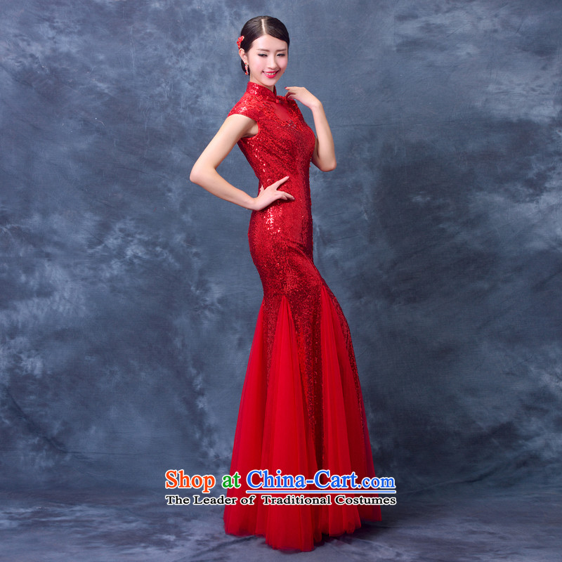 New evening dress autumn 2015 Korean brides bows serving long tail of Sau San Red Dress summer qipao marriage red XXL, Demi Moor Qi , , , shopping on the Internet