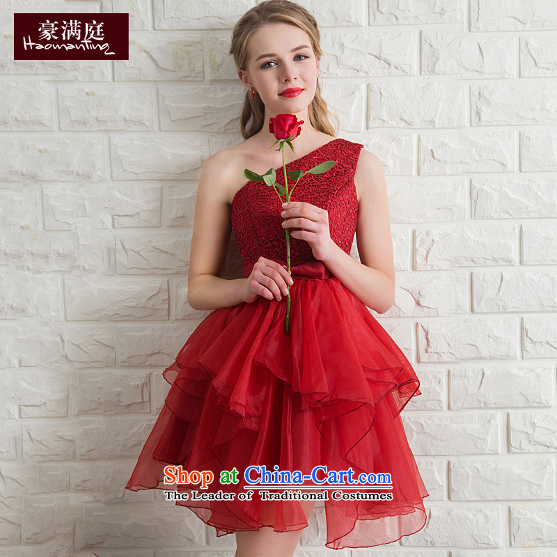 2015 new bride bows Services Mr Ronald Banquet Wedding Dress Short, shoulder bridesmaid evening dresses dresses red wine redM