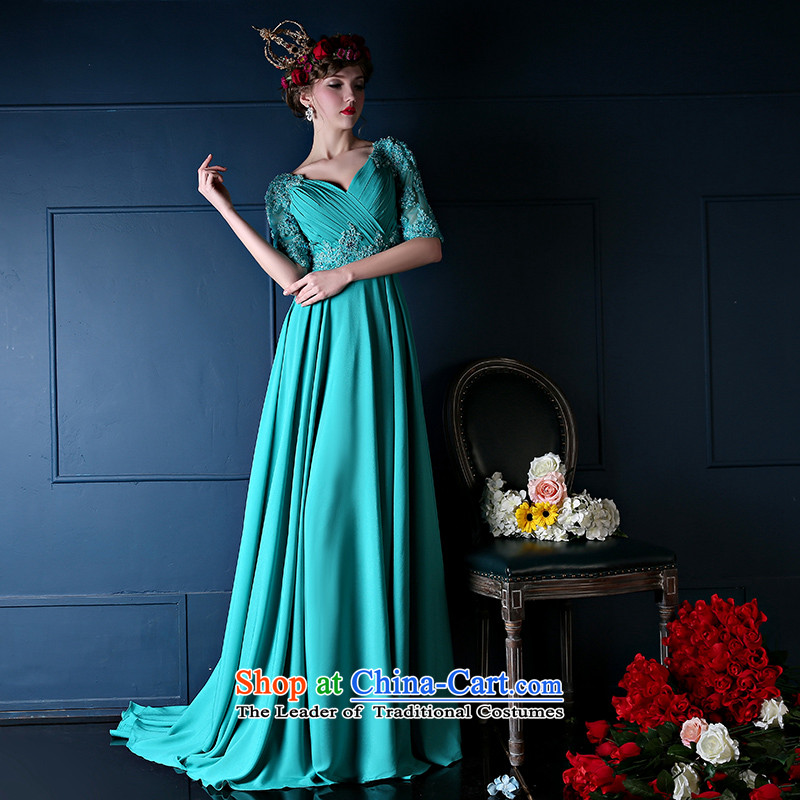 The bride dress the new Korean 2015 Dual shoulder length of marriage bows services banquet evening dresses Sau San will spring Blue M