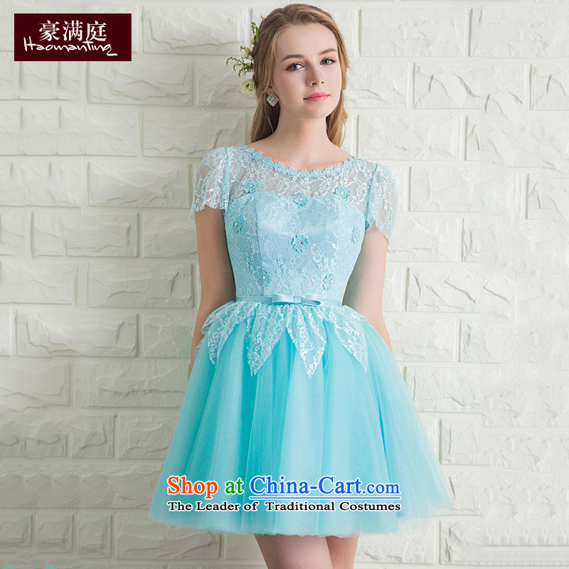 Ho full Chamber lace shoulder dress short skirts package_ Marriage bridesmaid small dress moderator performances banquet evening dresses summer economy, blue XL