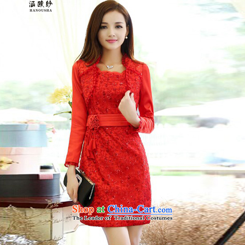 The OSCE yarn covered by red marriages evening clothes door spring and summer back to short, the betrothal bows Dress Short Sleeve Kit two long-sleeved red dress A?XXXL