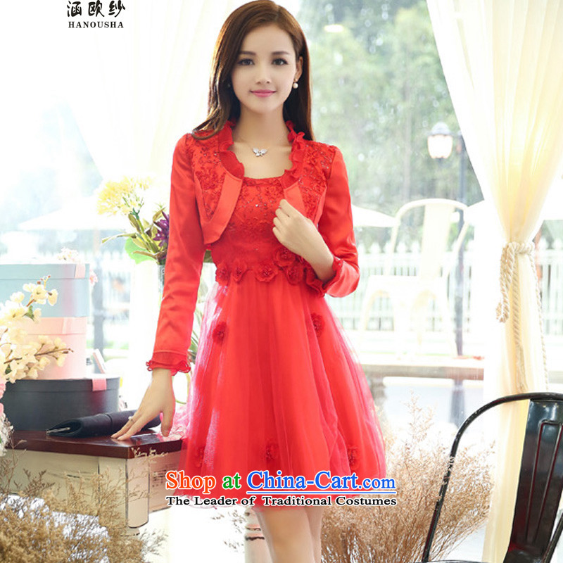 The OSCE yarn covered by red marriages evening clothes door spring and summer back to short, the betrothal bows Dress Short Sleeve Kit two long-sleeved red dress A yarn (Euro covered by XXXL, hanousha) , , , shopping on the Internet