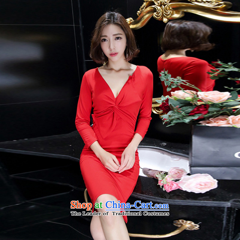 The population of autumn 2015 the new government of Korean women's aristocratic V-Neck Fold on Sau San's skirt dress red silk Mei Lin (L, simeilin shopping on the Internet has been pressed.)