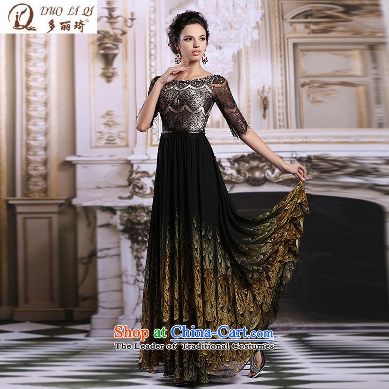 Doris Qi banquet dinner dress in Europe long black dress, customize the annual dress?31310?Black?S