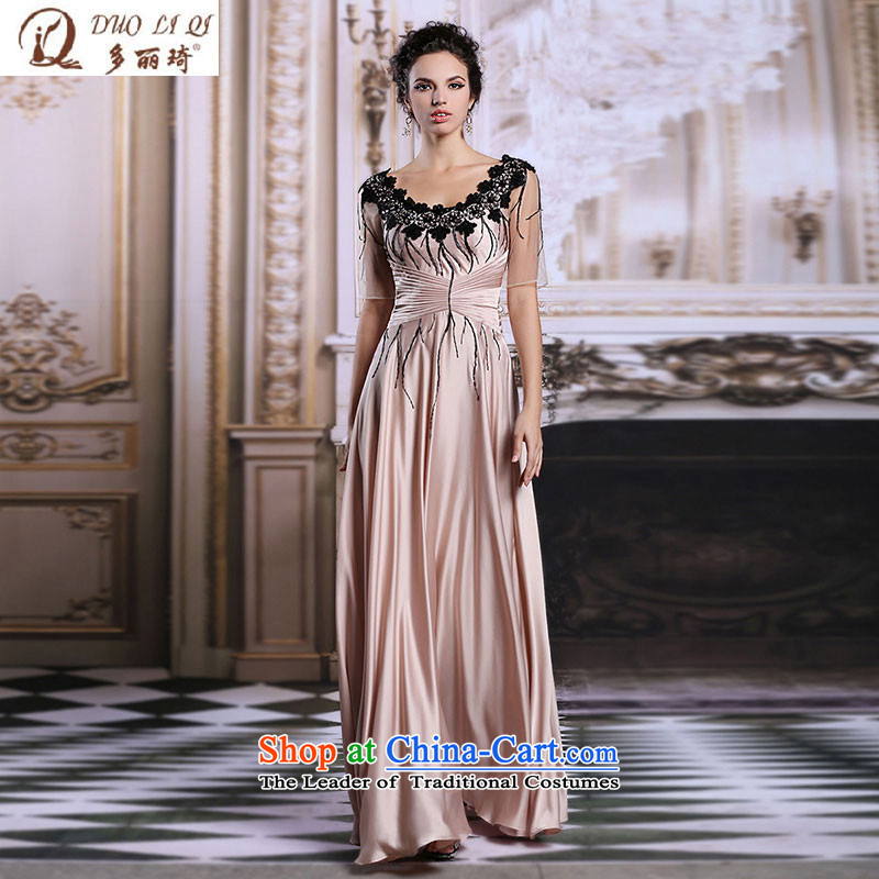 Doris Qi evening dress in Europe long Sau San lace round-neck collar temperament moderator dress 31320pinkXXL