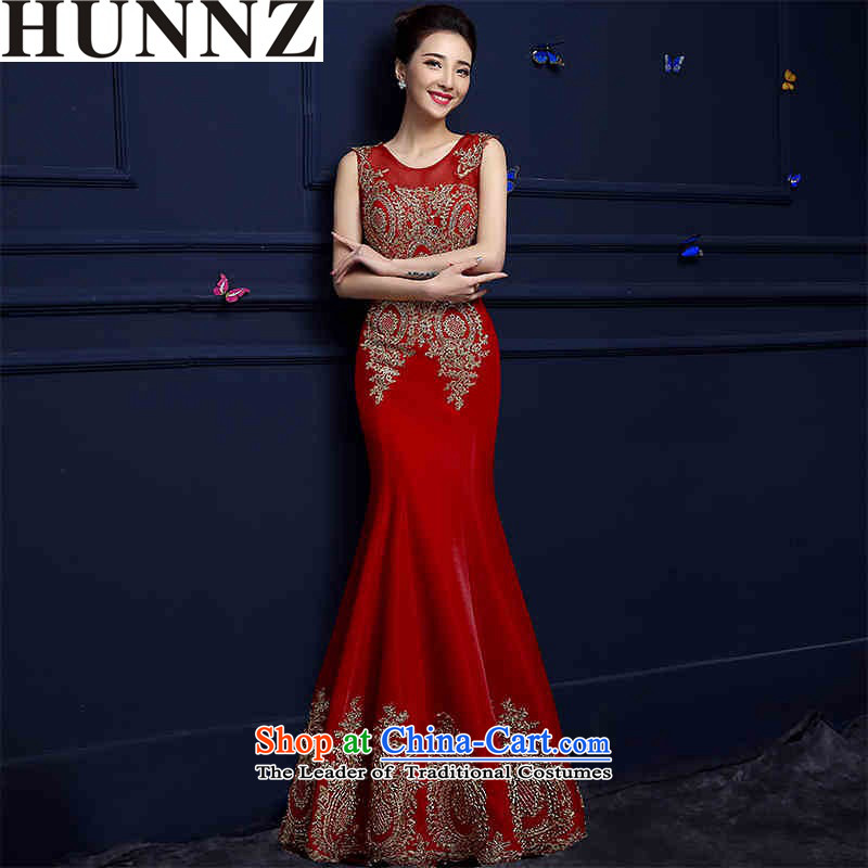    The bride HUNNZ dress 2015 Spring/Summer new stylish red shoulders crowsfoot lace banquet dress bows services red L,HUNNZ,,, shopping on the Internet