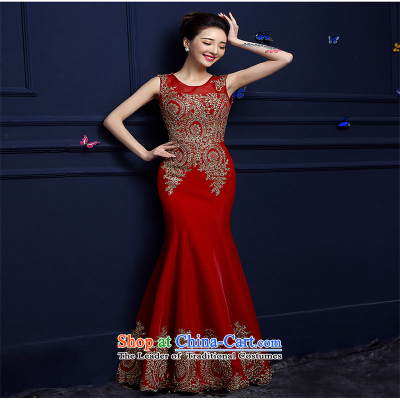    The bride HUNNZ dress 2015 Spring/Summer new stylish red shoulders crowsfoot lace banquet dress bows services red L,HUNNZ,,, shopping on the Internet