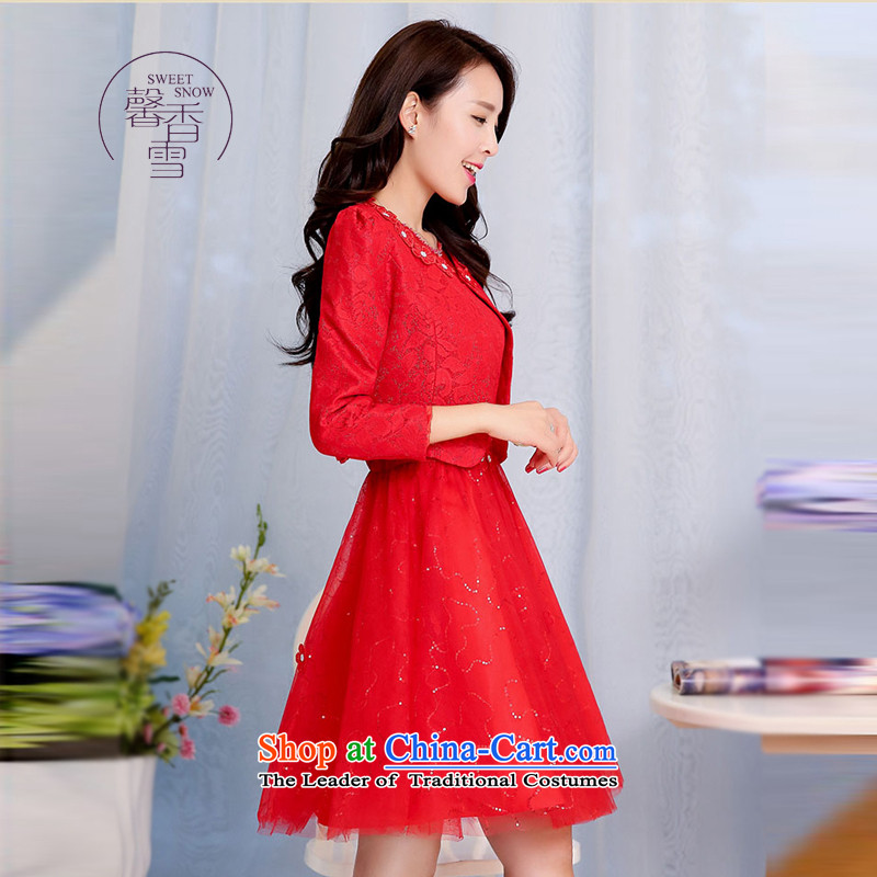 The fragrant incense snow fall 2015 new fluoroscopy round-neck collar fit lace flowers Sau San-video thin dresses female two kits and elegant reminiscent of the dresses red XL, fragrant incense XINXIANGXUE Xue () , , , shopping on the Internet