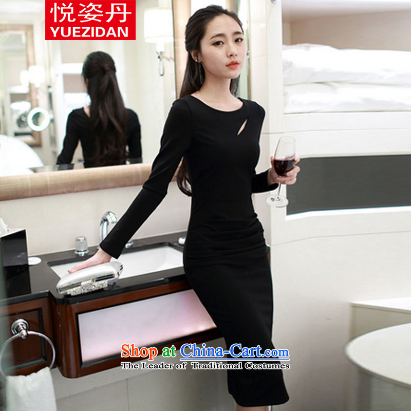 Yue Tan 2015 new Korean temperament and sexy Sau San long-sleeved back forming the dresses engraving the forklift truck black dress M Yue Chi Bin Laden has been pressed shopping on the Internet