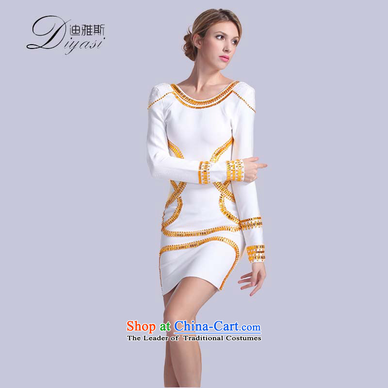 The spring of the new upscale 2015 nail-ju long-sleeved dress round-collar short of banquet package and cosmopolitian bandages dresses white Kim Joo?S