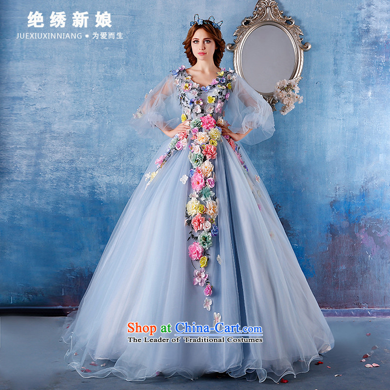 Embroidered bride high end is wedding dresses 2015 Cannes Film Festival van ice Flower Fairies  with fairies dress romantic dinner dress fresh sweet skyblue S Suzhou Shipment