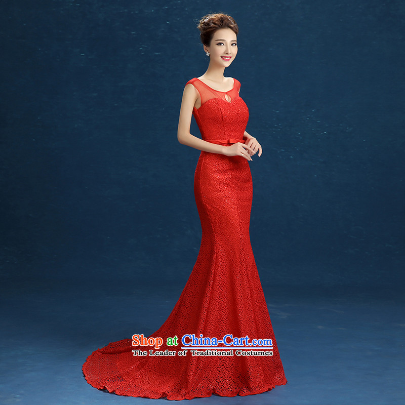 High-end wedding dresses red aristocratic dress bows services evening dress will serve under the auspices of the shoulders, round-neck collar V-Neck long tail RED M, Crowsfoot Gil beautiful shopping on the Internet has been pressed.