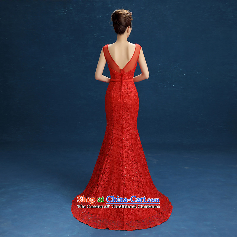 High-end wedding dresses red aristocratic dress bows services evening dress will serve under the auspices of the shoulders, round-neck collar V-Neck long tail RED M, Crowsfoot Gil beautiful shopping on the Internet has been pressed.
