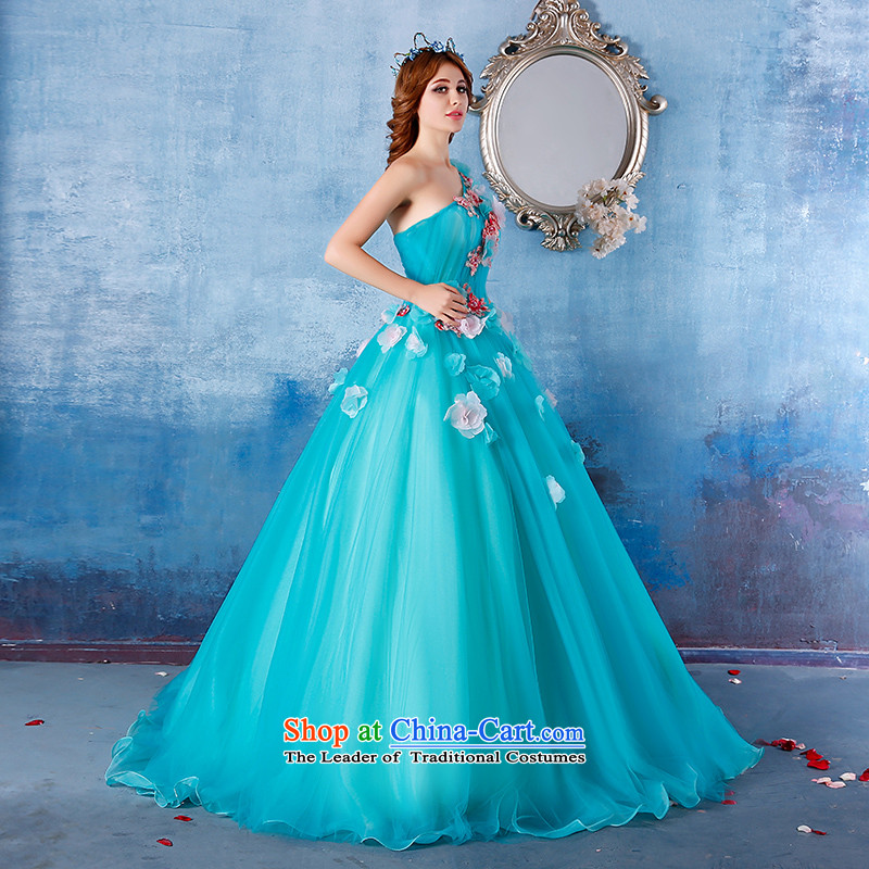 2015 new summer stylish single shoulder length floor, large will video thin bride banquet evening dresses skyblue L , Suzhou embroidery brides shipment has been pressed shopping on the Internet