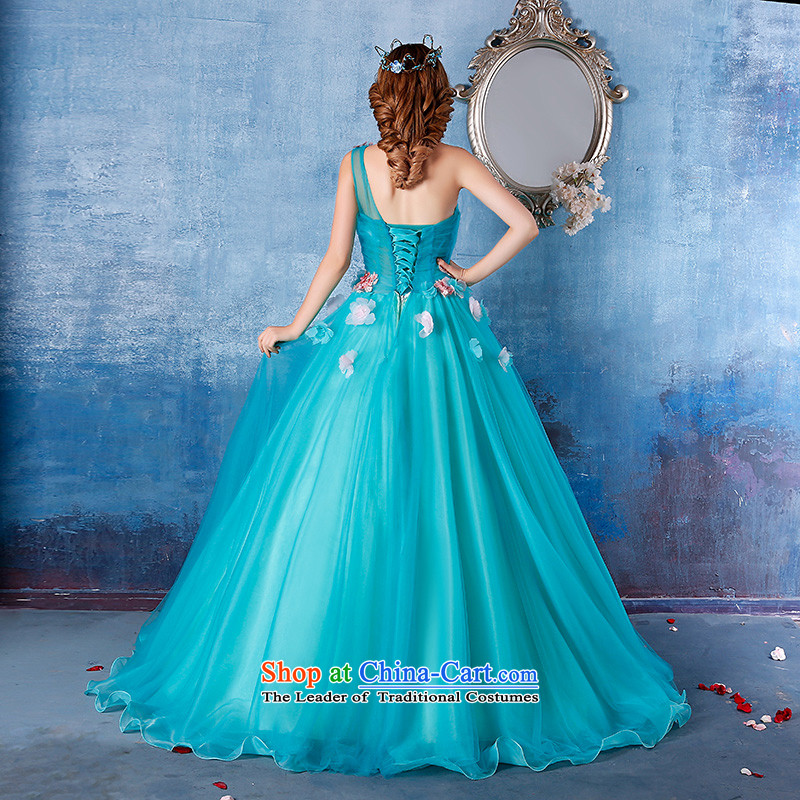 2015 new summer stylish single shoulder length floor, large will video thin bride banquet evening dresses skyblue L , Suzhou embroidery brides shipment has been pressed shopping on the Internet
