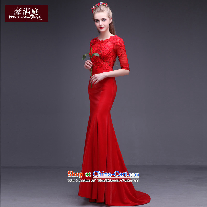 The Bride Red Dress marriage bows services crowsfoot Long Tail in small long-sleeved lace upscale banqueting red carpet evening dresses winter RED M HO full Chamber , , , shopping on the Internet