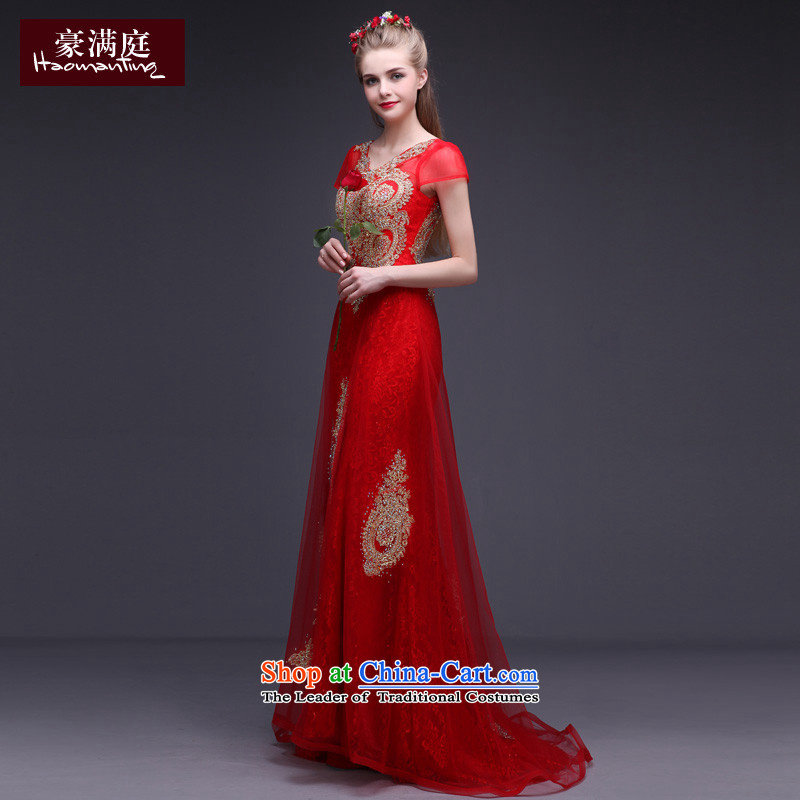 Red wedding dress 2015 new fall shoulders v-neck wedding dress bride bows services long tail evening red S Ho full Chamber , , , shopping on the Internet