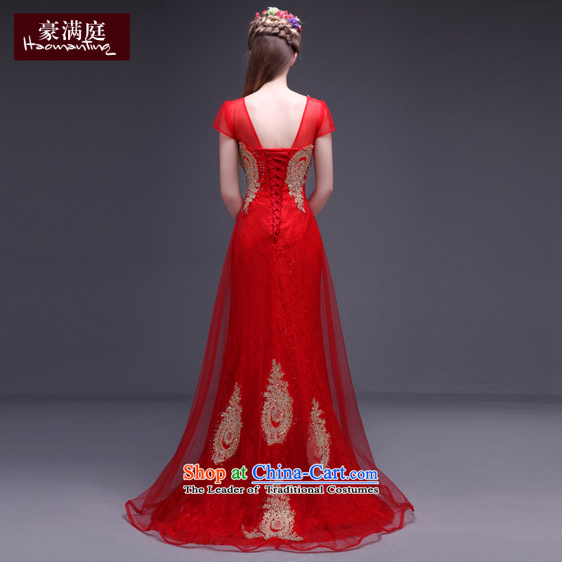 Red wedding dress 2015 new fall shoulders v-neck wedding dress bride bows services long tail evening red S Ho full Chamber , , , shopping on the Internet