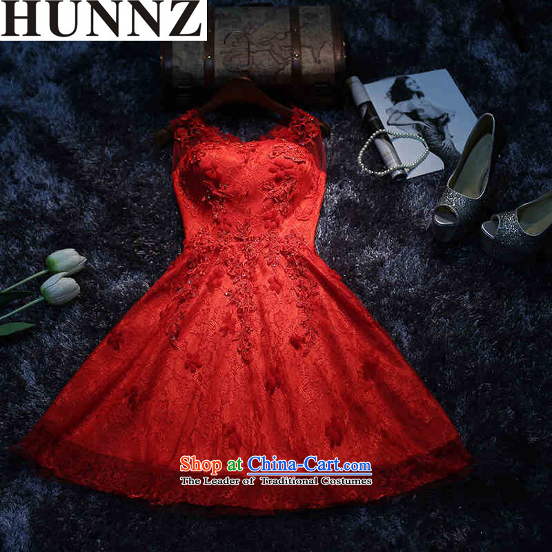 Hunnz    ?Korean style 2015 Spring_Summer new lace wiping the chest short stylish evening dress bridal dresses banquet bows services red?XL