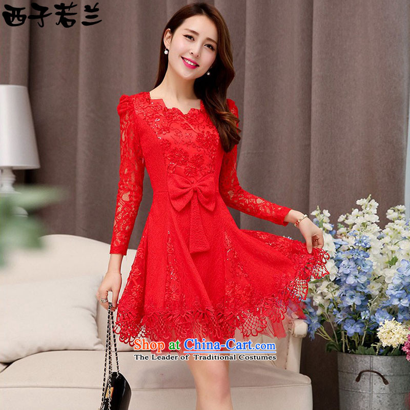 Hsitzu jorin?spring and autumn 2015 installed new bride dress engraving bow tie lace dresses female?1527?RED?M