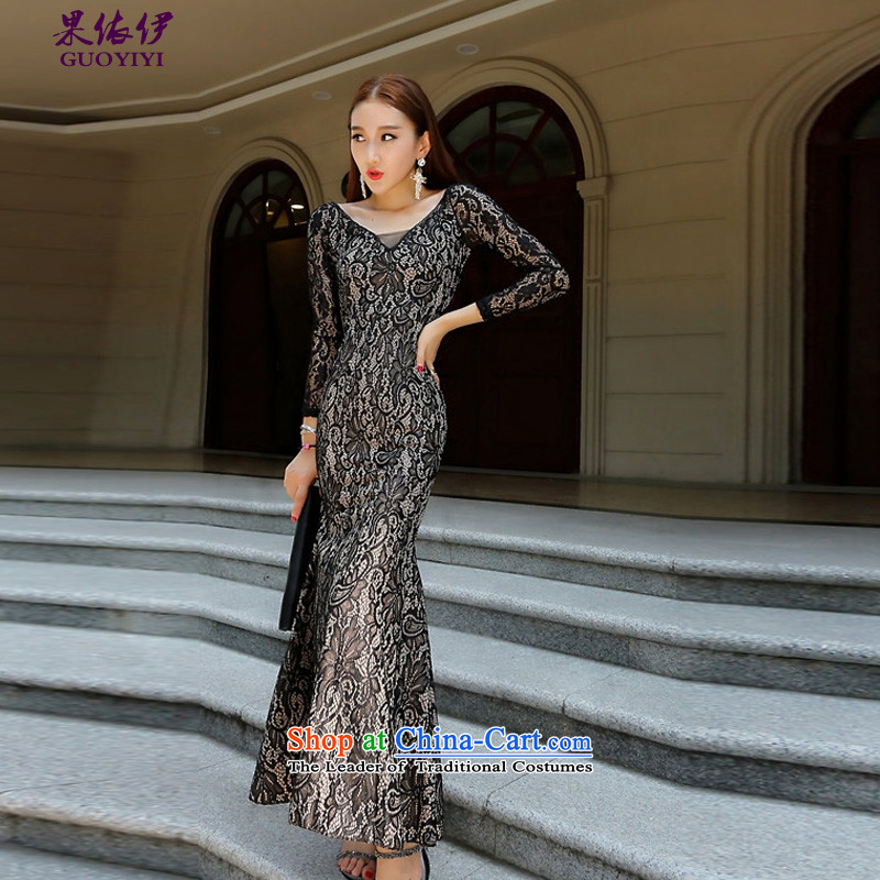 In accordance with the results of the 2015 autumn of the new Europe and sexy fluoroscopy lace crowsfoot long-sleeved deep V dress dresses 9123 S, according to the results of a dark-colored ground (GUOYIYI) , , , shopping on the Internet