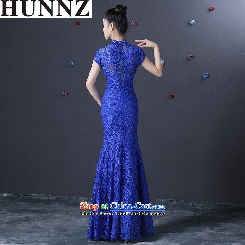     Long blue qipao HUNNZ 2015 Spring/Summer new graphics thin crowsfoot banquet evening dresses bride dress uniform blue M,HUNNZ,,, bows shopping on the Internet