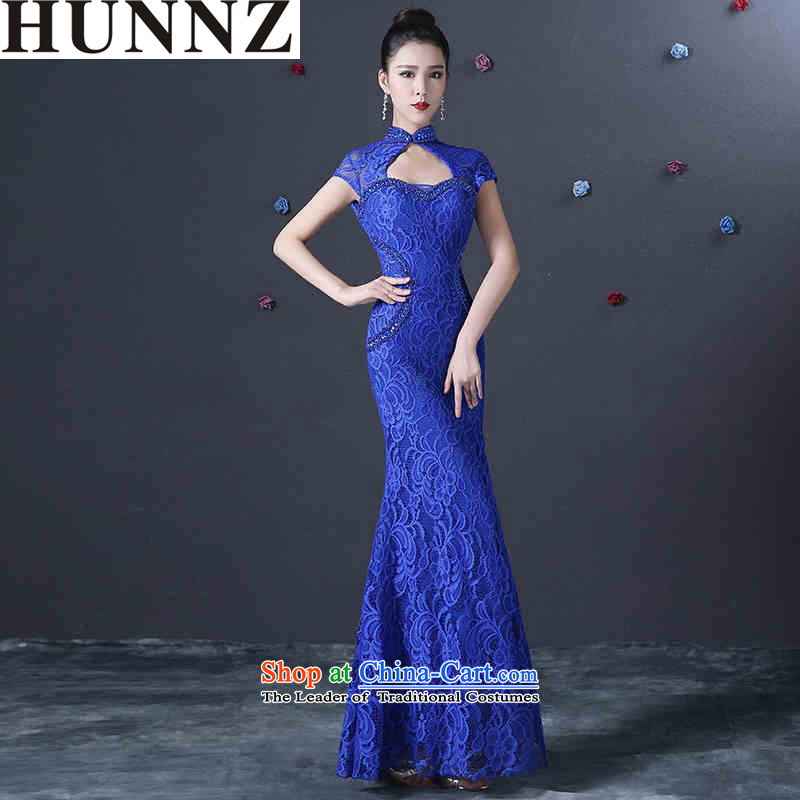     Long blue qipao HUNNZ 2015 Spring/Summer new graphics thin crowsfoot banquet evening dresses bride dress uniform blue M,HUNNZ,,, bows shopping on the Internet