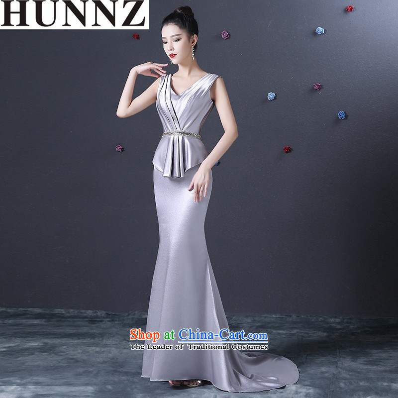     Deep long V HUNNZ banquet evening dresses silver spring and summer 2015 new stylish and simple bridal dresses M,HUNNZ,,, silver shopping on the Internet