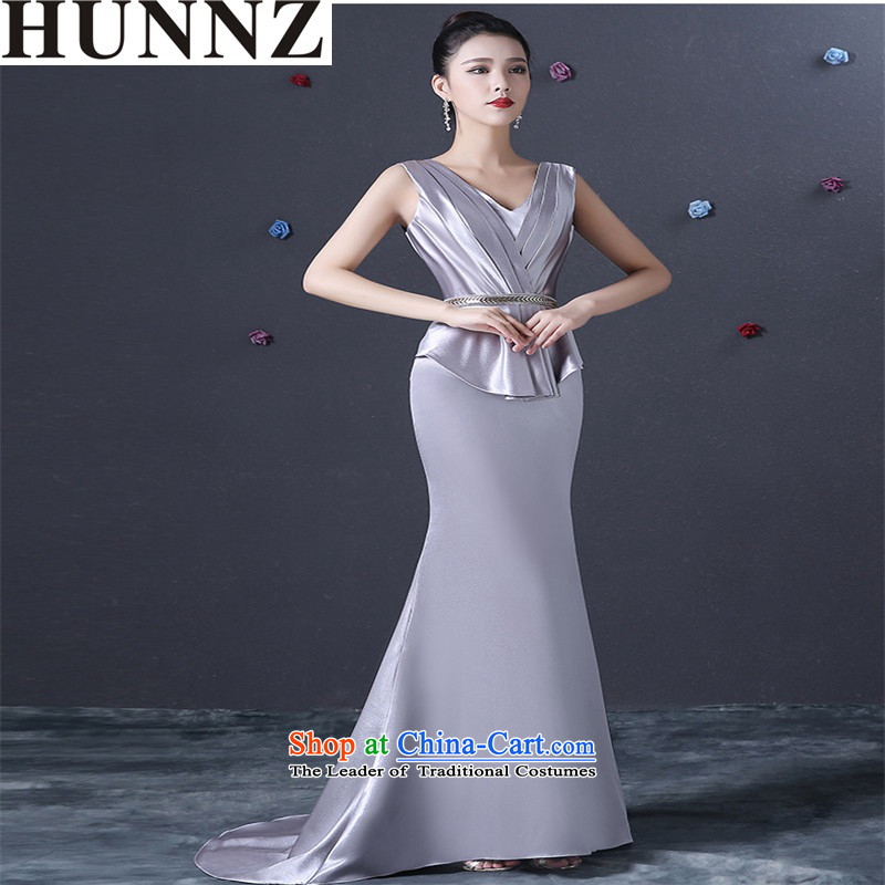     Deep long V HUNNZ banquet evening dresses silver spring and summer 2015 new stylish and simple bridal dresses M,HUNNZ,,, silver shopping on the Internet