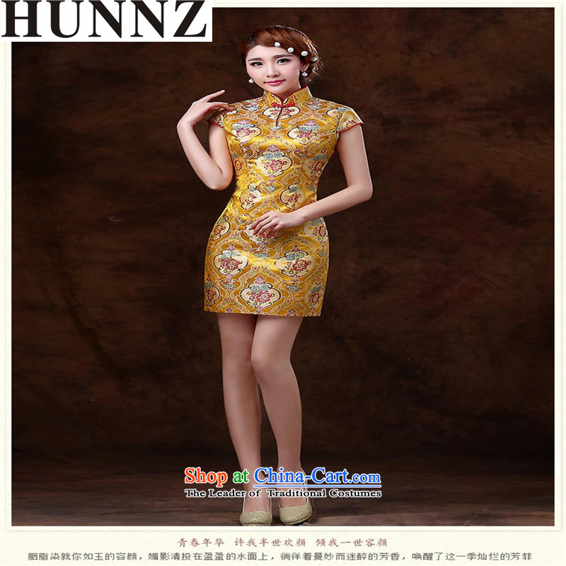      Stylish retro HUNNZ 2015 new improved version of qipao short spring and summer, bridal dresses bows services bridesmaid services yellow XXL,HUNNZ,,, shopping on the Internet