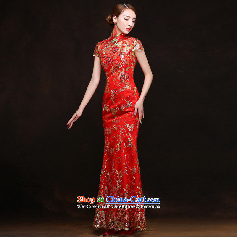 The leading edge of the Formosa lily wedding dresses 2015 autumn and winter new word shoulder crowsfoot dress lace video thin dress bride bows service banquet red dress marriage ceremony crowsfoot advanced customization of red yarn edge Lily , , , shopping on the Internet