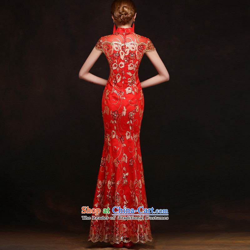 The leading edge of the Formosa lily wedding dresses 2015 autumn and winter new word shoulder crowsfoot dress lace video thin dress bride bows service banquet red dress marriage ceremony crowsfoot advanced customization of red yarn edge Lily , , , shopping on the Internet