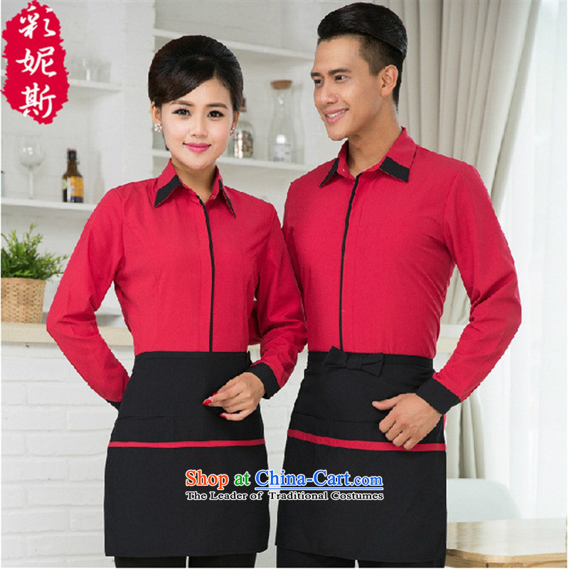 The Black Butterfly Hotel Western cafe waiters long-sleeved clothing hotel men and women of autumn and winter female red T-shirt + apron_ _XL