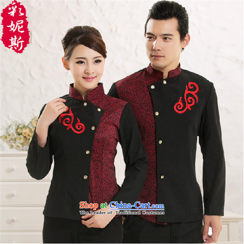The hotel dining room attendants Black Butterfly Hot Pot Cafe Men long-sleeved clothing autumn and winter overalls female Red _T-shirt_ XXL