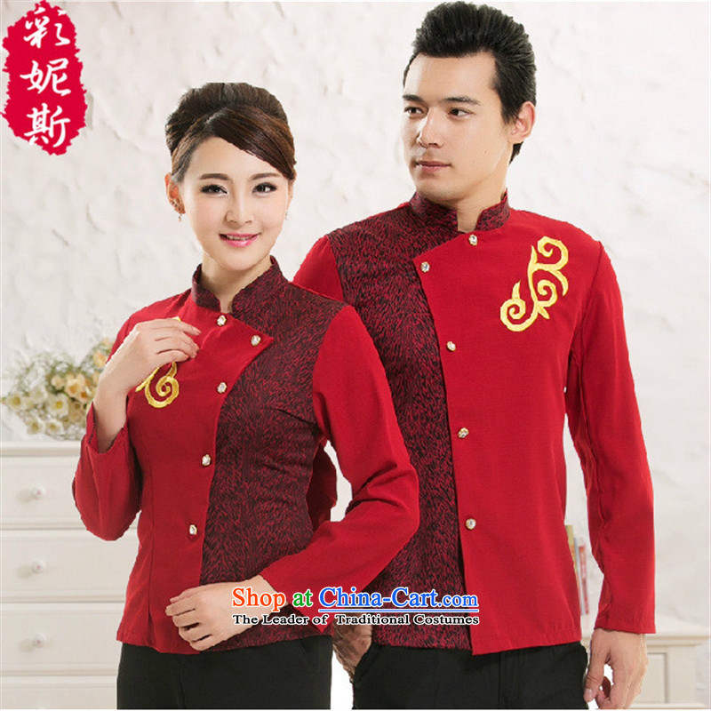 The hotel dining room attendants Black Butterfly Hot Pot Cafe Men long-sleeved clothing autumn and winter overalls female Red (T-shirt) XXL,A.J.BB,,, shopping on the Internet