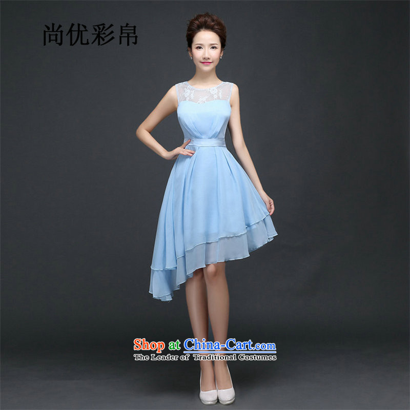 There is also optimized 8D sister bridesmaid wedding services evening dress suit small dresses lace stitching graphics thin bevelled edge evening dresses cx6918 Blue M