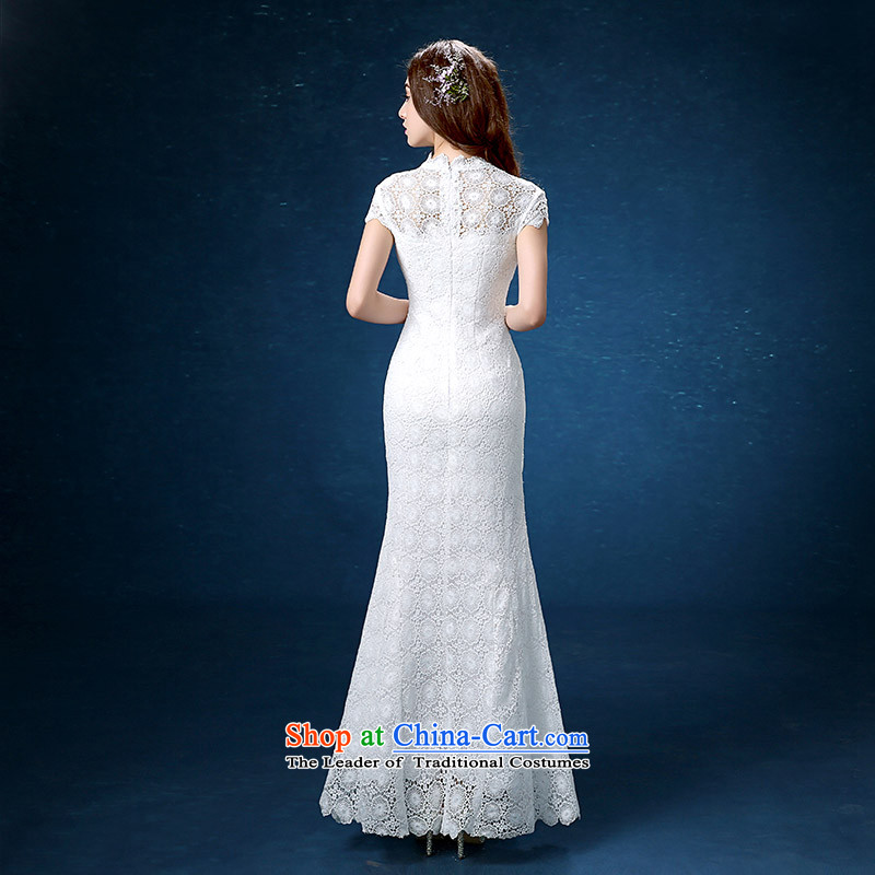 According to Lin Sha cheongsam dress the new 2015 improved long white lace qipao bows Service Bridal crowsfoot long wedding dress according to Lin Sha S female , , , shopping on the Internet