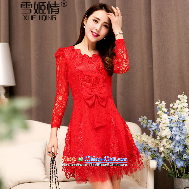 Michelle Gellar of autumn 2015 new stylish with lace hook flower engraving ripple for long-sleeved wedding dresses large decorated in video thin female aristocratic temperament red XL, Michelle Gellar XUEJIQING) , , , (of shopping on the Internet