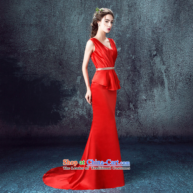 According to Lin Sa 2015 Autumn new wedding dresses crowsfoot retro marriages bows small trailing Sau San shoulders evening dresses according to Lin sha red s , , , shopping on the Internet