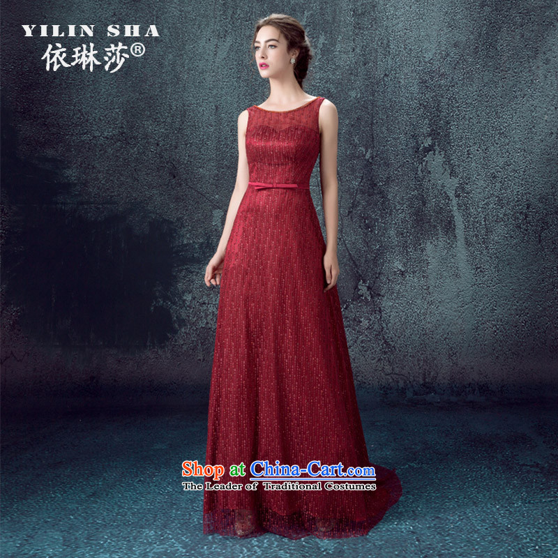 According to Lin Sha 2015 new long wine red Korean version thin bows services shoulders upscale marriages small trailing autumn evening dress dark red tailored consulting customer service
