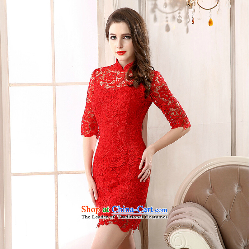 Time the  new 2015 Syria engraving female autumn red lace short skirt bride bows evening dress collar cheongsam red S time Syrian shopping on the Internet has been pressed.