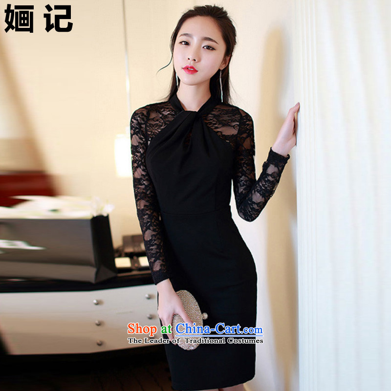 Note 2015 autumn and winter 婳 load new Korean women OL sexy fluoroscopy lace stitching hang also engraving sexy dresses of the forklift truck black dress S