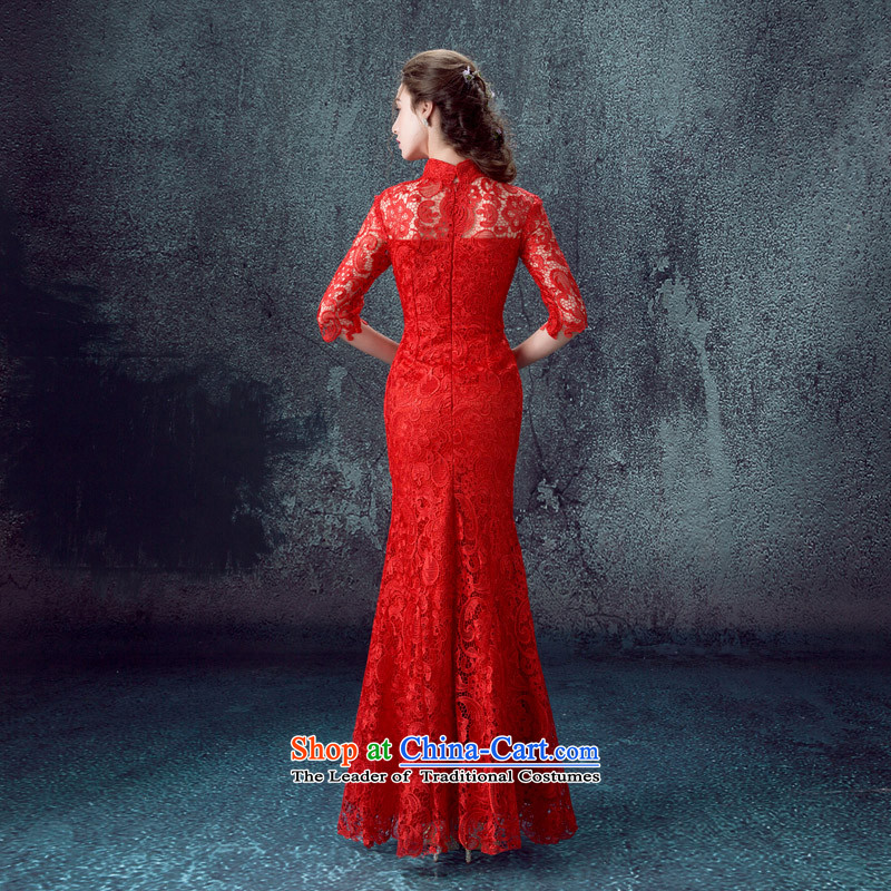 2015 Autumn and winter new red crowsfoot long-sleeved gown marriages bows to lace retro cheongsam dress according to Lin sha red s , , , shopping on the Internet