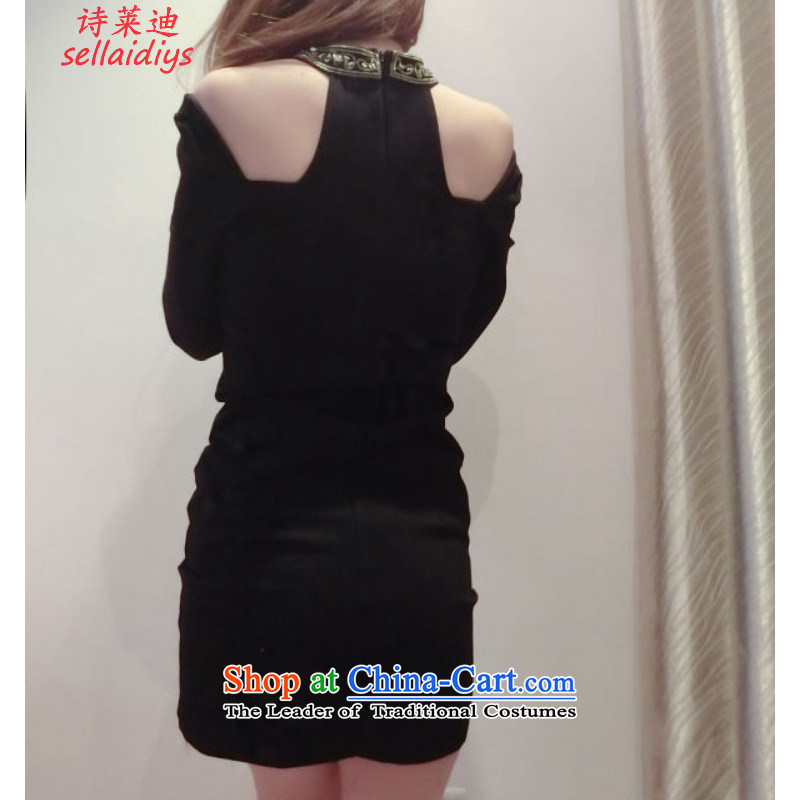 At 2015 Autumn poem new sexy goddess of aristocratic temperament embroidery nail jewelry Shek Sau San video thin long-sleeved gown small black skirt (quality is extremely good. M poem Randy sellai@diys) , , , shopping on the Internet