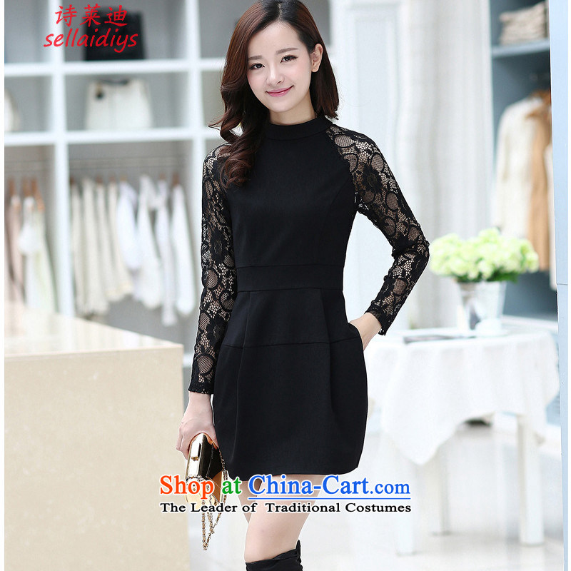 At 2015 Autumn poem new lace long-sleeved botanists dress skirt Foutune of Sau San aristocratic dresses blackXXL