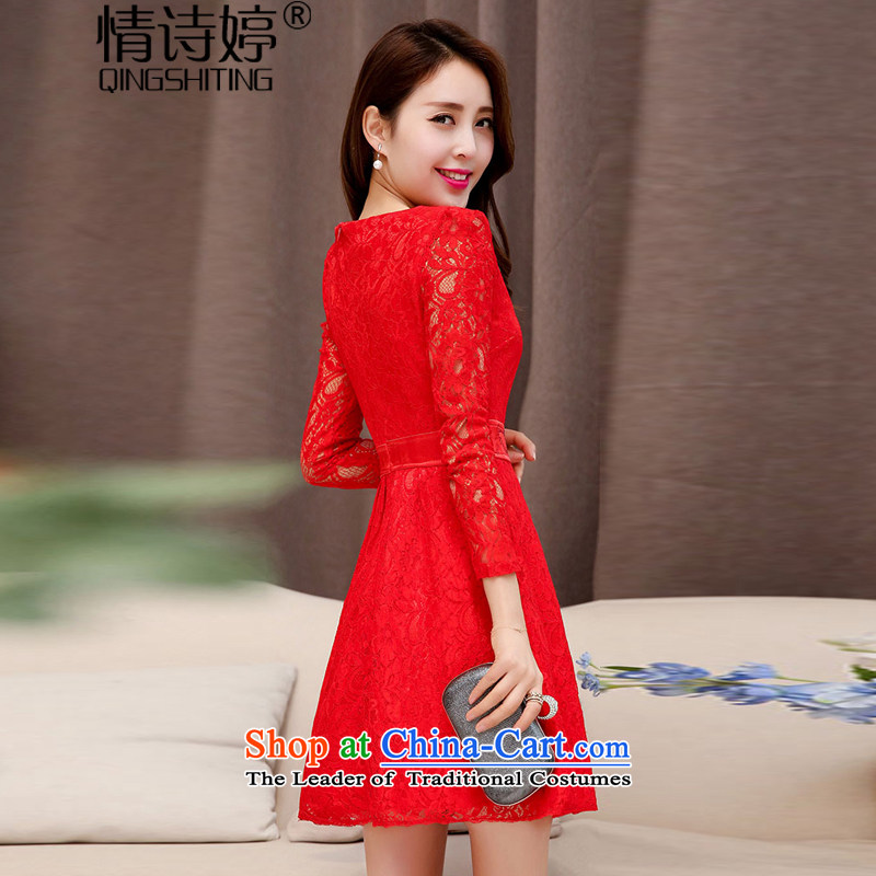 All New 2015 Autumn Ting replacing stylish lace hook spend long-sleeved engraving qipao collar wedding dresses large decorated in video thin female aristocratic temperament , L, all red-ting (QINGSHITING) , , , shopping on the Internet