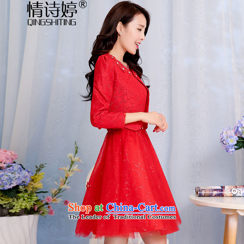 All New 2015 Autumn Ting loaded collar on-chip stylish fluoroscopy bon bon dresses with long-sleeved jacket for larger female wedding-dress aristocratic temperament two kits of Red M-ting (QINGSHITING poem) , , , shopping on the Internet
